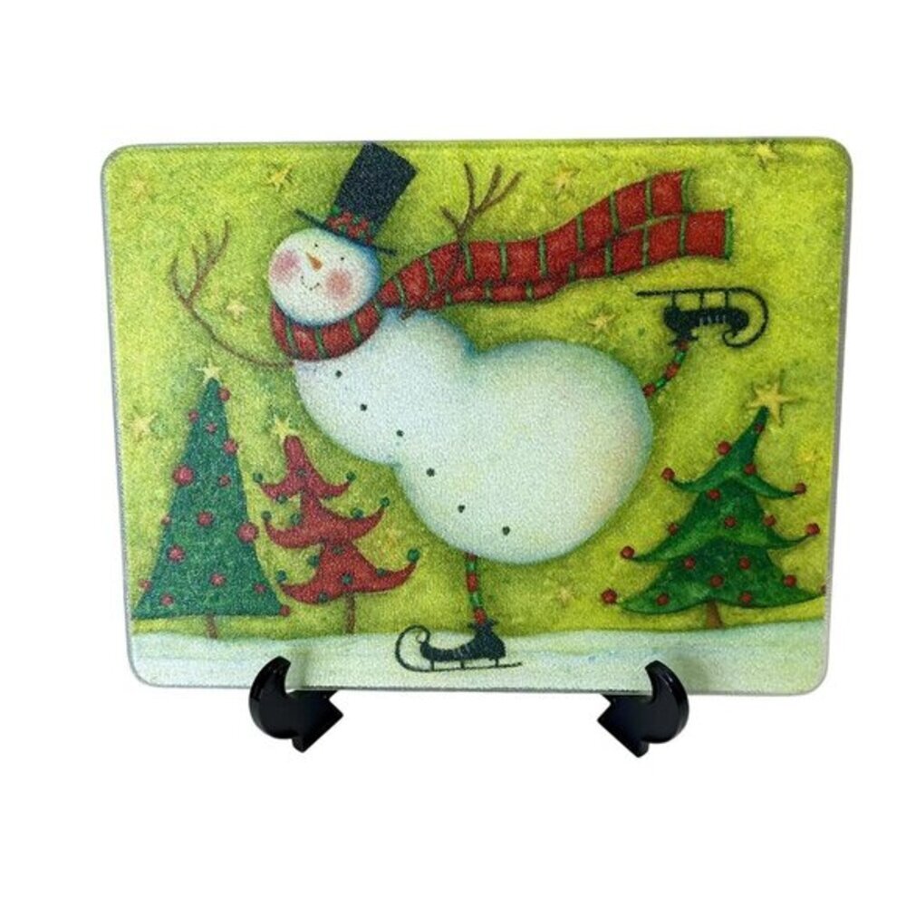 Festive Glass Cutting Board With Ice Skating Snowman Red Scarf Christmas Trees